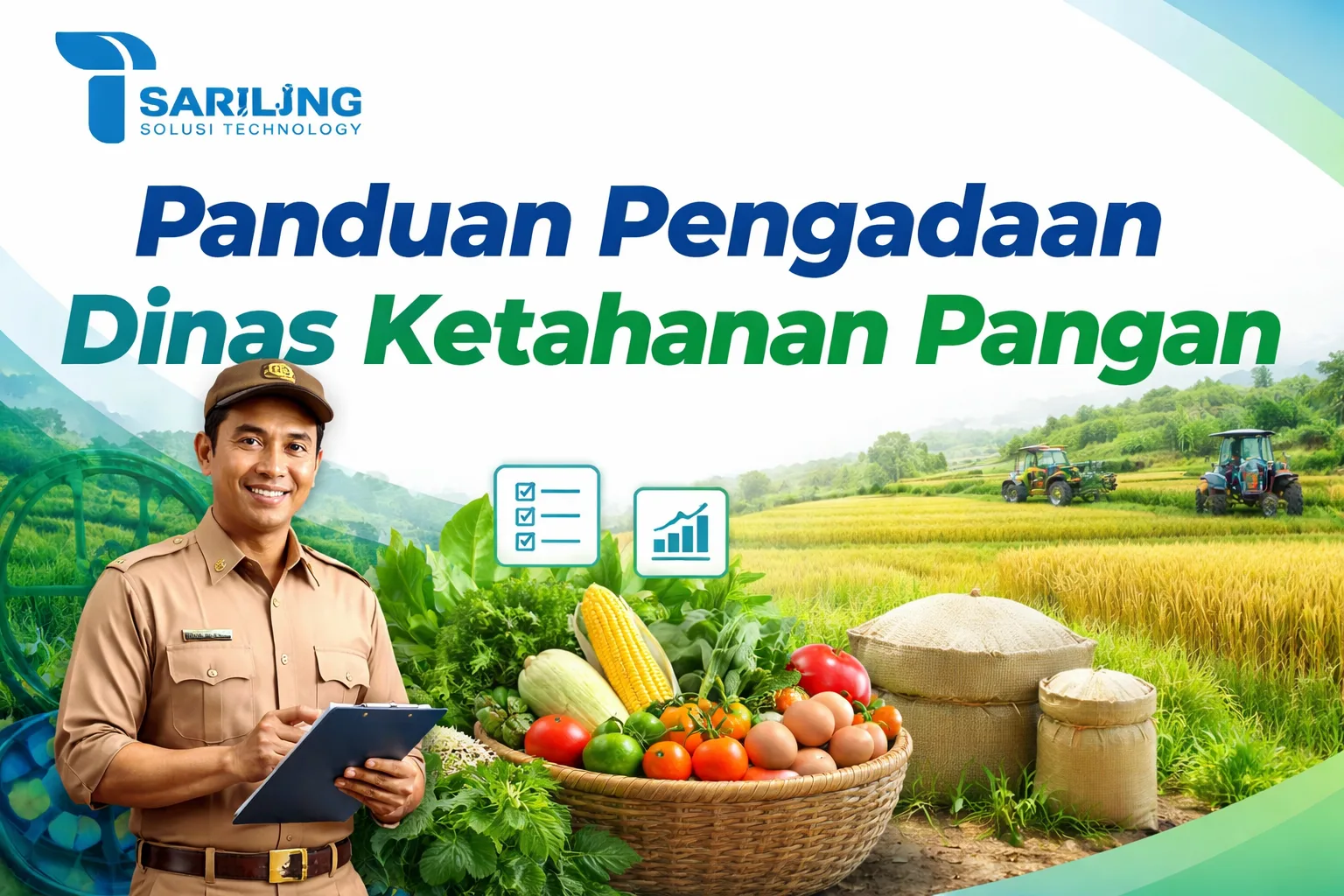 Ilustrasi ASN dan vendor penyedia dalam pengadaan Dinas Ketahanan Pangan, menampilkan distribusi pangan dan logo Sariling Solusi Technology