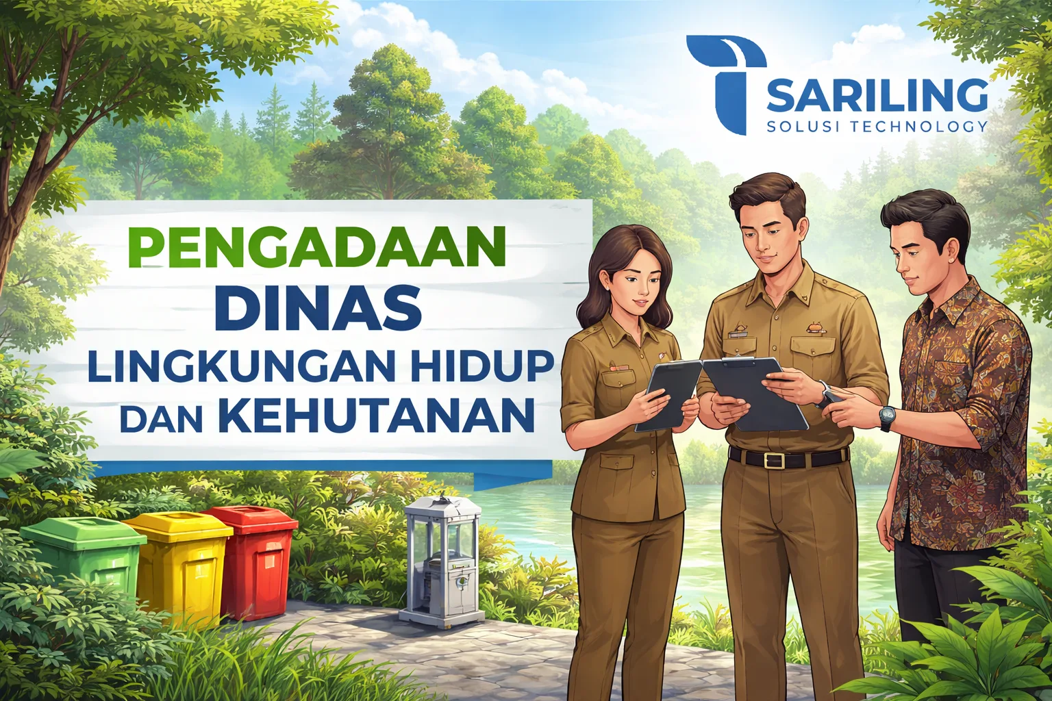 Ilustrasi pengadaan Dinas Lingkungan Hidup & Kehutanan dengan logo Sariling Solusi Technology, menampilkan pejabat ASN sedang memeriksa dokumen di area hijau dan bersih.