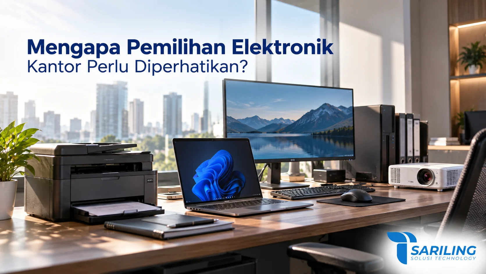 Elektronik kantor seperti laptop, monitor, printer, dan proyektor dalam ruang kerja modern.