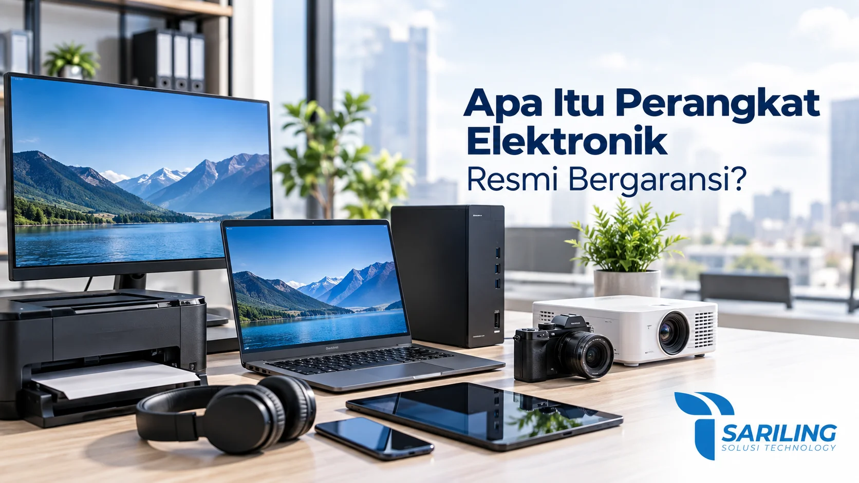 Perangkat elektronik kantor seperti laptop, komputer, printer, proyektor, kamera, dan tablet