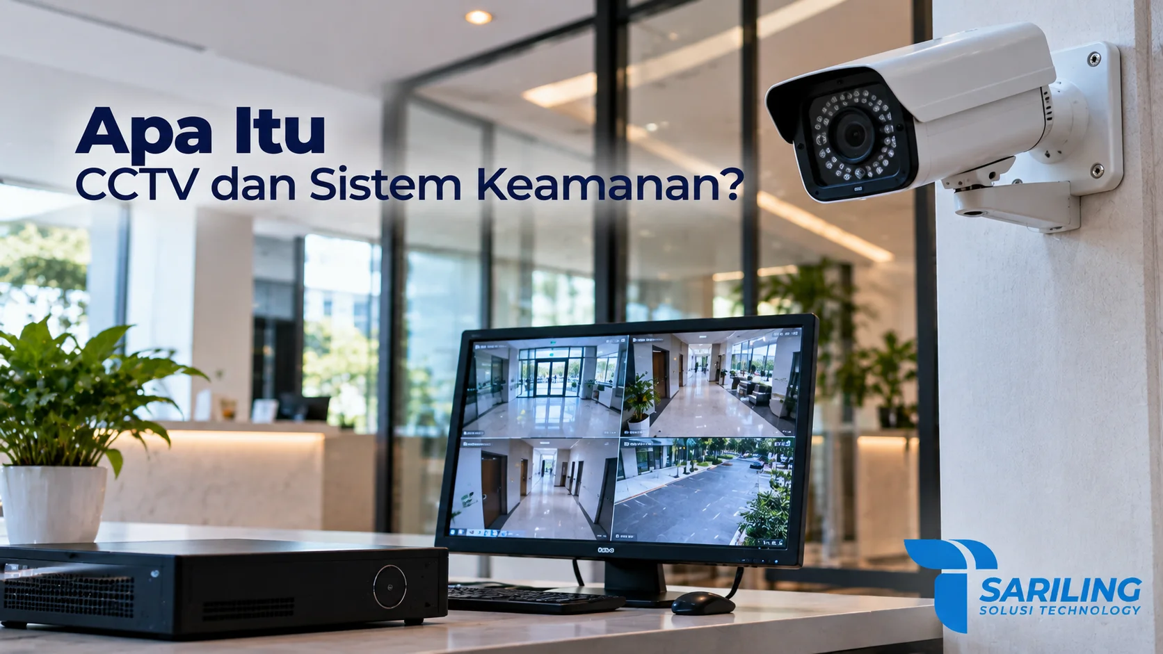 Kamera CCTV profesional dan monitor pemantauan dengan sistem keamanan terintegrasi di lobi perkantoran.