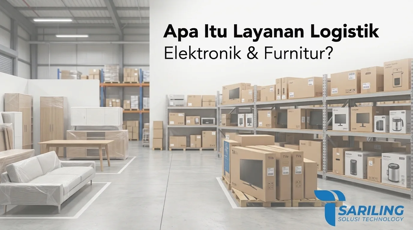Banner artikel logistik Sariling Solusi Technology menampilkan gudang modern dengan stok produk elektronik seperti televisi, monitor, dan peralatan rumah tangga, serta furnitur berbalut pelindung di area logistik, lengkap dengan judul dan logo perusahaan di pojok kanan bawah.