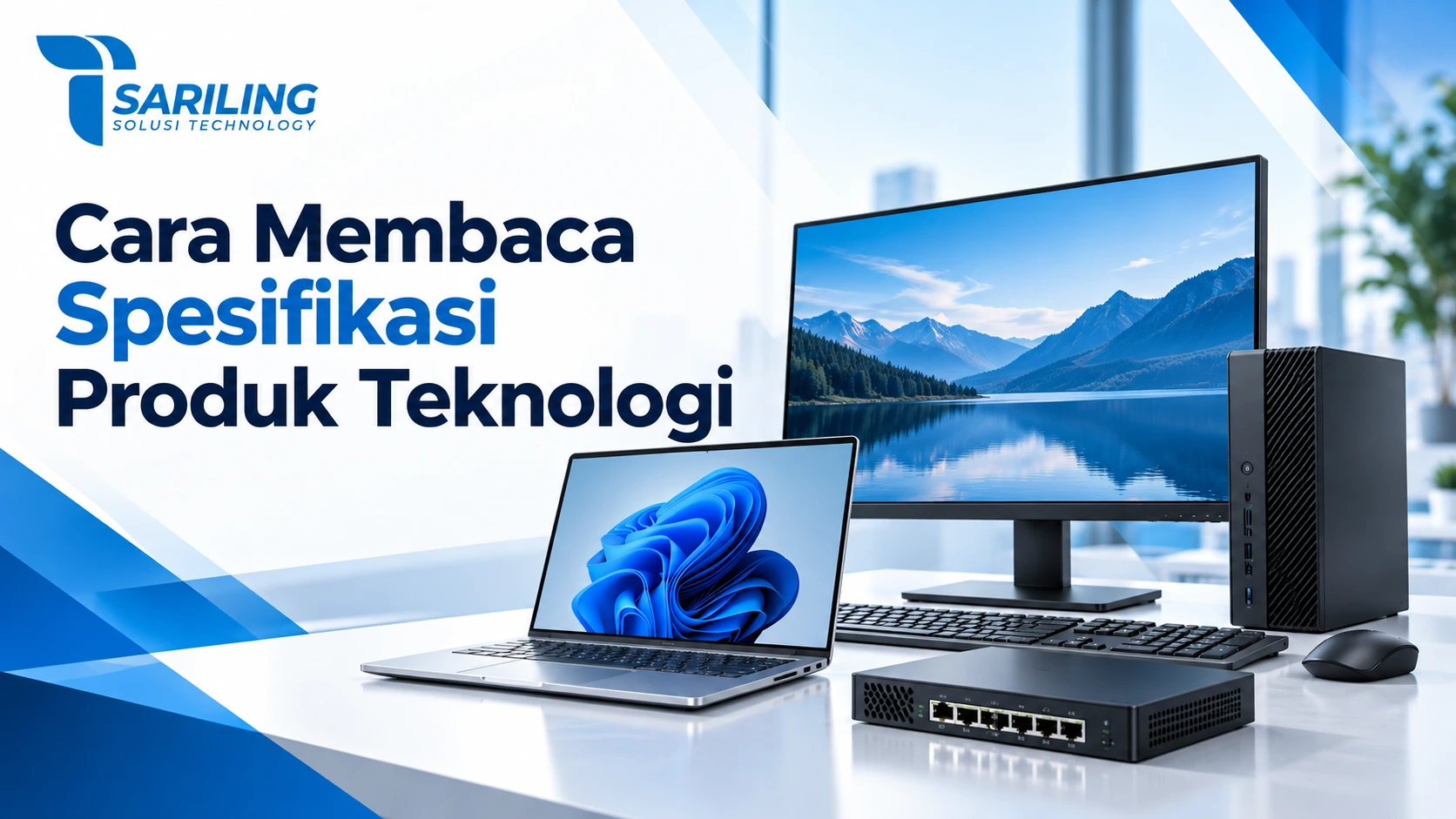 Sejarah Bisnis Sariling Technology Cara Membaca Spesifikasi Produk Teknologi dengan ilustrasi laptop, monitor, mini PC, dan perangkat jaringan dari Sariling Solusi Technology.