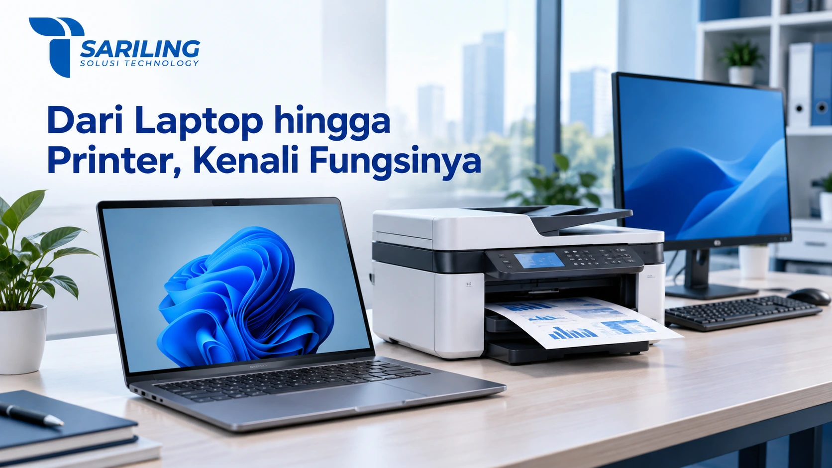 Logo Sariling Solusi Technology dengan ilustrasi Visi dan Misi Sariling Technology aptop, printer multifungsi, dan komputer desktop untuk mengenali fungsi perangkat teknologi perkantoran.
