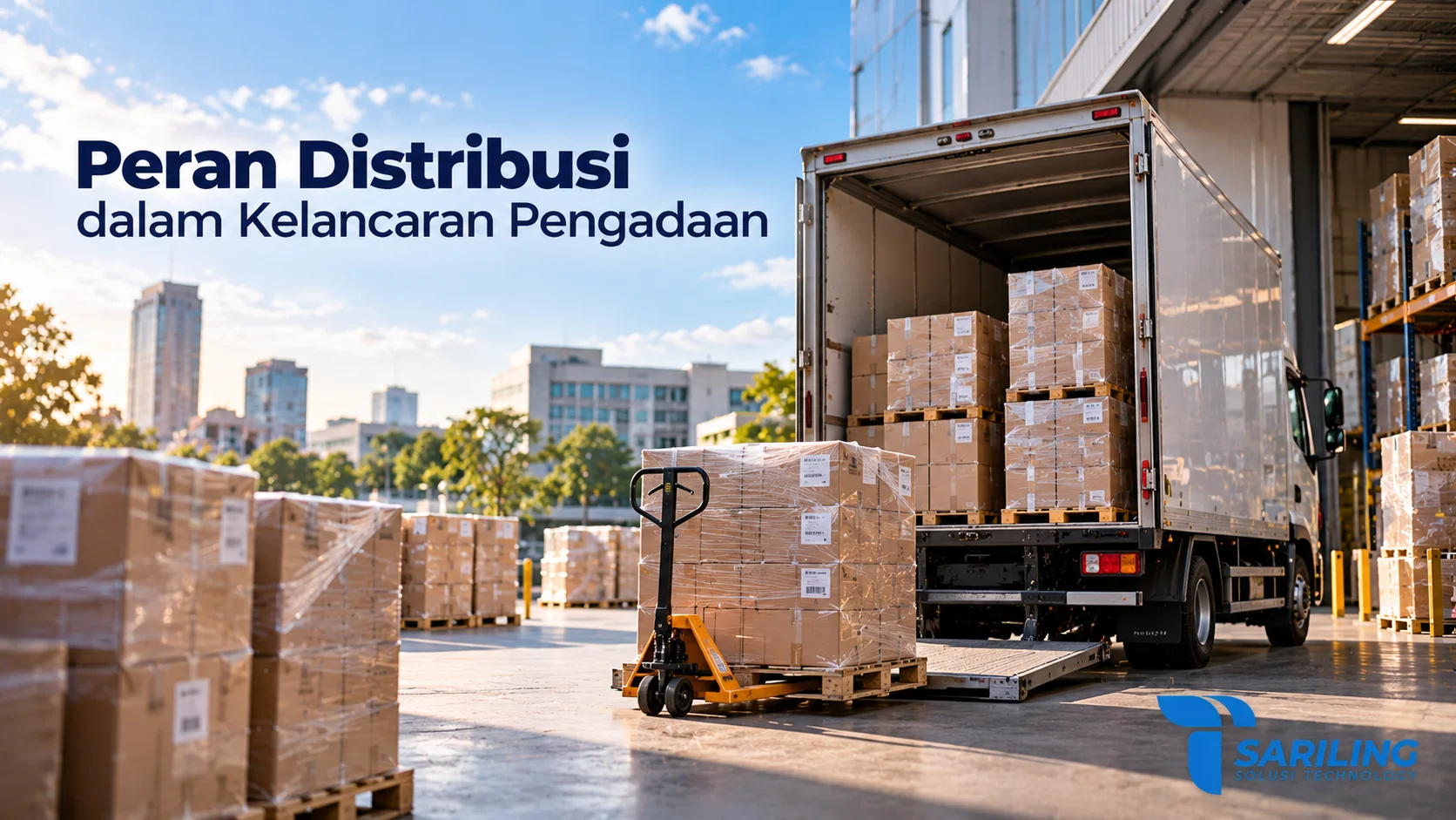 Truk distribusi bermuatan kardus di area gudang dengan pallet jack untuk mendukung kelancaran pengiriman barang dalam proses pengadaan.