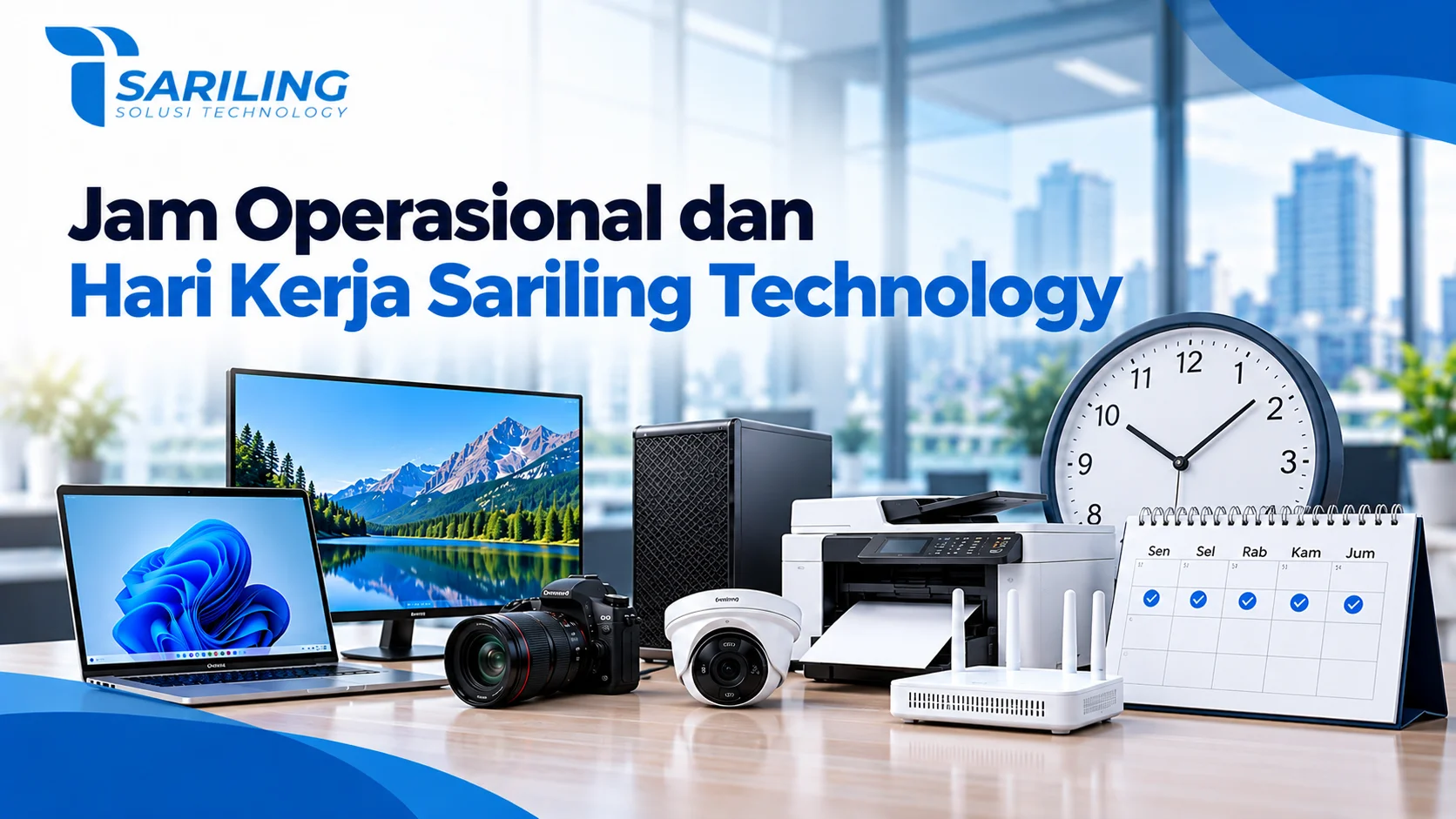 Jam Operasional dan Hari Kerja Sariling Technology dengan ilustrasi jam dinding, kalender hari kerja, laptop, monitor, printer, kamera CCTV, dan router untuk mendukung layanan pelanggan.