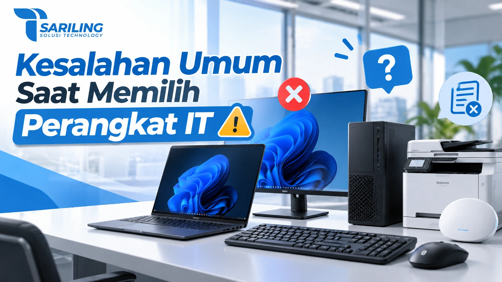 Tentang Sariling Technology Kesalahan umum saat memilih perangkat IT untuk kebutuhan kantor, menampilkan laptop, monitor, komputer desktop, printer, keyboard, dan router dengan logo Sariling Solusi Technology.