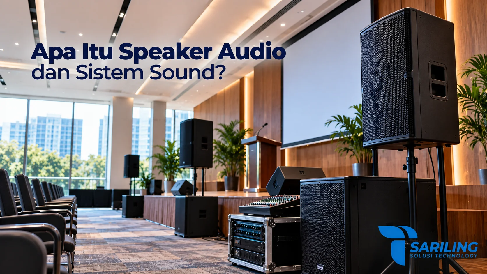 Speaker profesional, subwoofer, dan perangkat audio mixer dalam ruang konferensi modern.