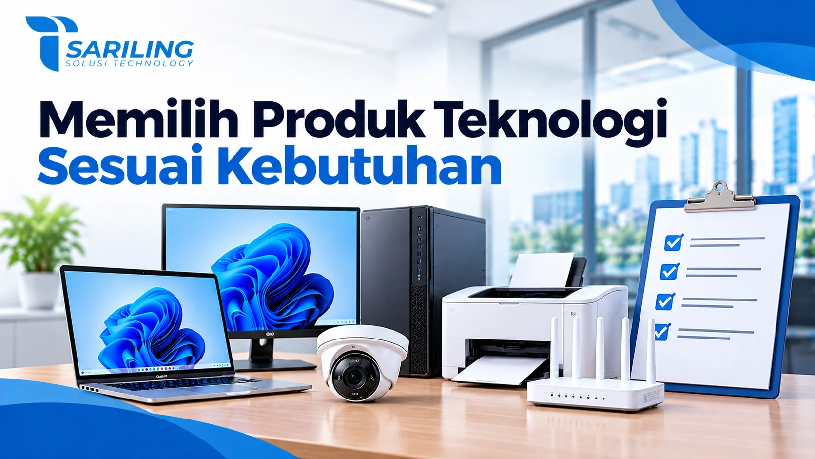 Formulir Permintaan Penawaran untuk membantu memilih produk teknologi sesuai kebutuhan, dengan ilustrasi laptop, komputer desktop, printer, kamera CCTV, router WiFi, dan perangkat pendukung dari Sariling Solusi Technology.