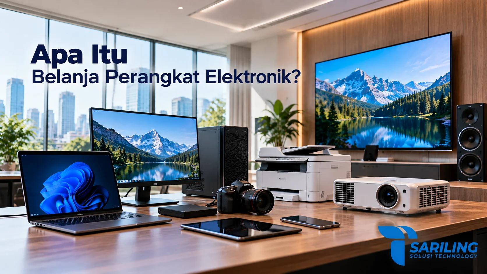 Berbagai perangkat elektronik seperti laptop, monitor, komputer, printer, kamera, proyektor, dan TV dalam showroom teknologi modern.