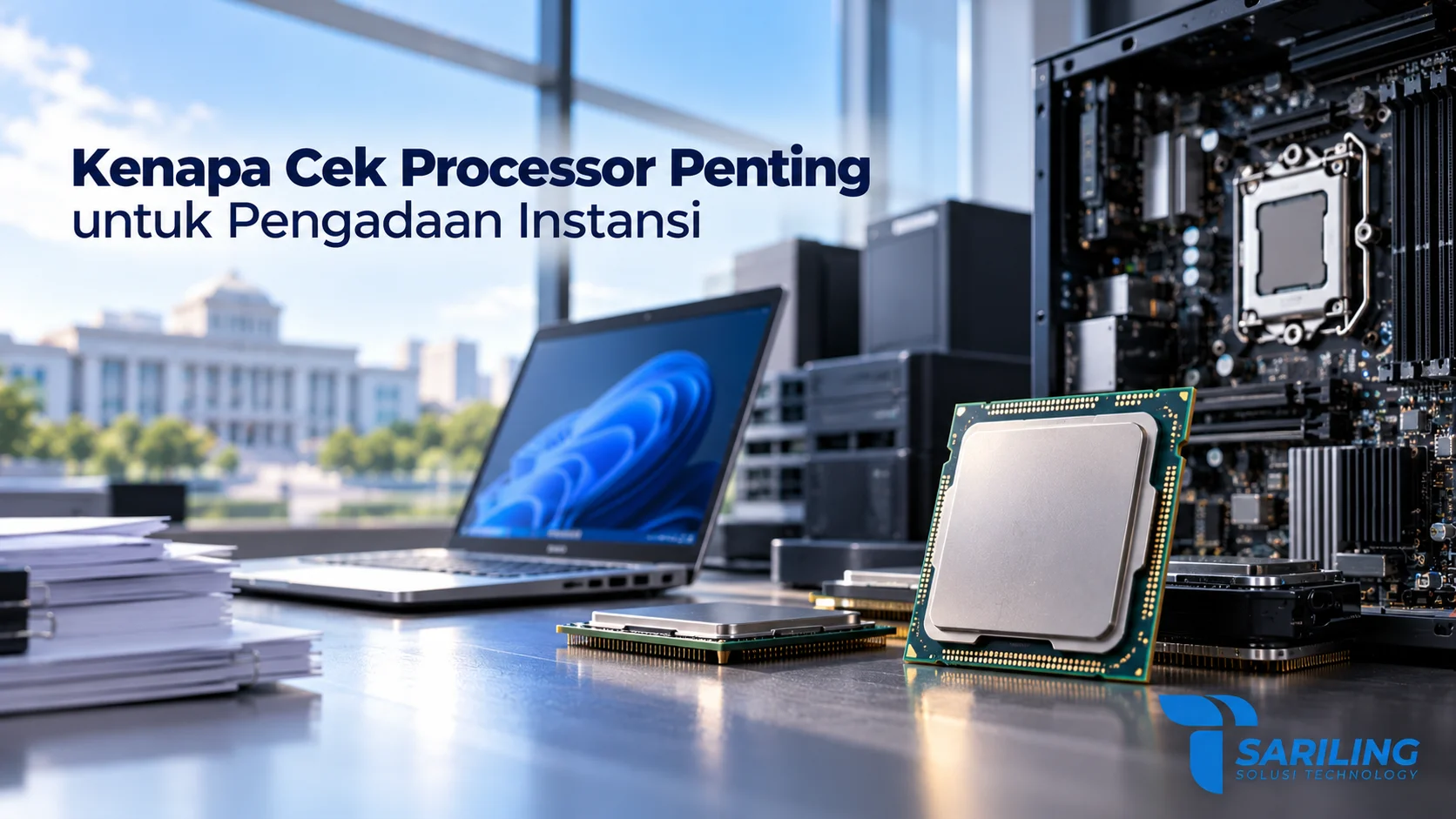 Processor komputer dan motherboard di samping laptop serta server untuk mendukung pemeriksaan spesifikasi dalam pengadaan perangkat IT instansi.