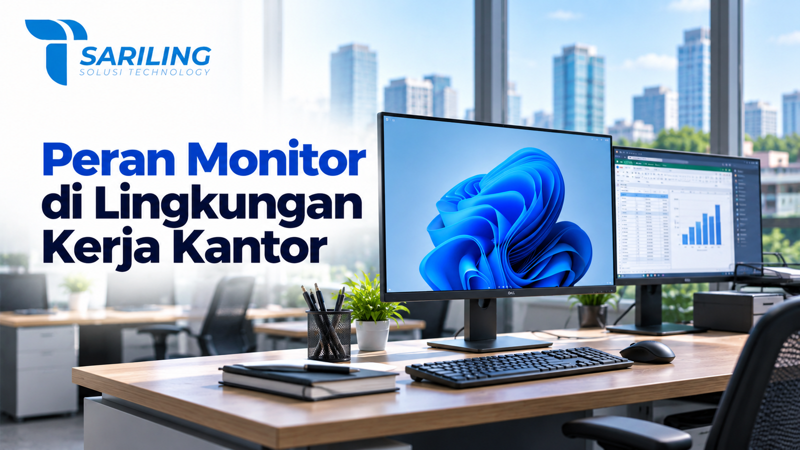 Peran monitor di lingkungan kerja kantor dengan dua layar komputer untuk mendukung produktivitas, pengolahan data, dan administrasi perkantoran dari Sariling Solusi Technology.