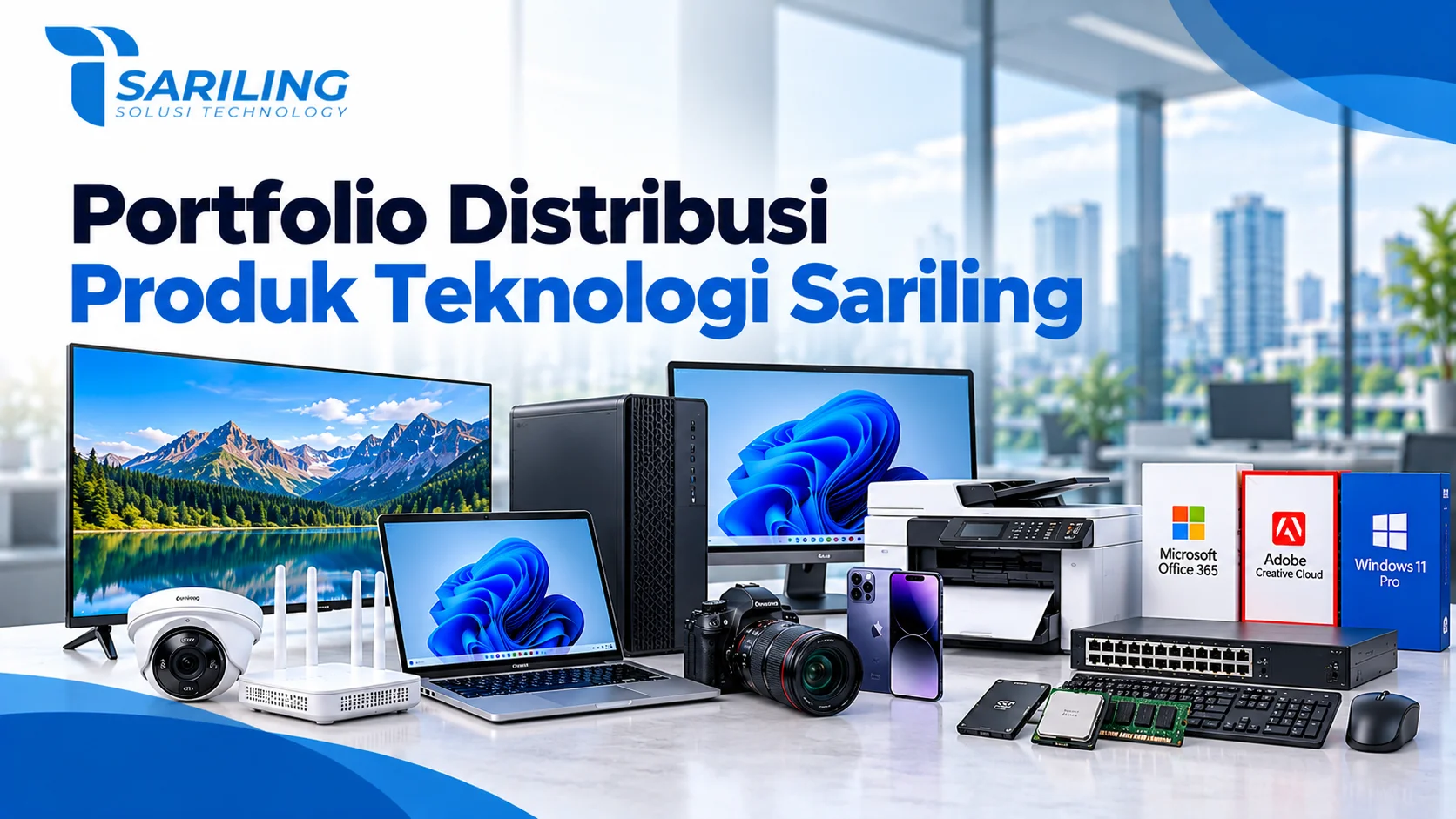 Portfolio Distribusi Sariling Technology yang menampilkan berbagai produk elektronik, hardware, dan lisensi software, termasuk laptop, monitor, komputer, printer, kamera CCTV, router, smartphone, serta Microsoft Office 365, Adobe Creative Cloud, dan Windows 11 Pro.