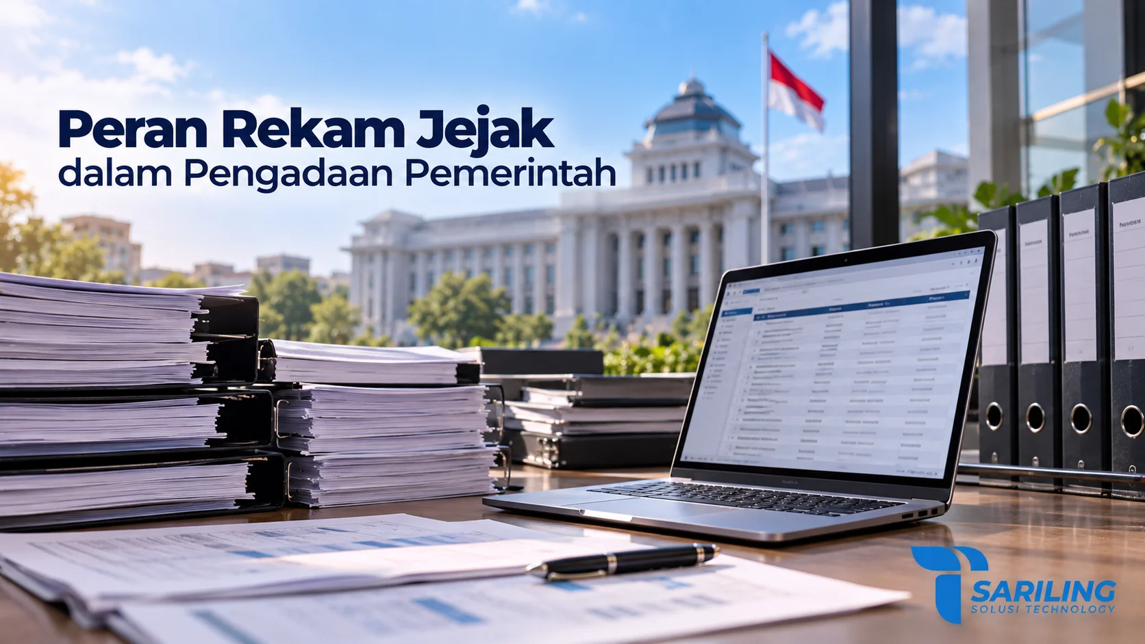 Laptop, dokumen administrasi, dan arsip pengadaan di lingkungan kantor pemerintahan yang menggambarkan pentingnya rekam jejak dalam proses pengadaan pemerintah.