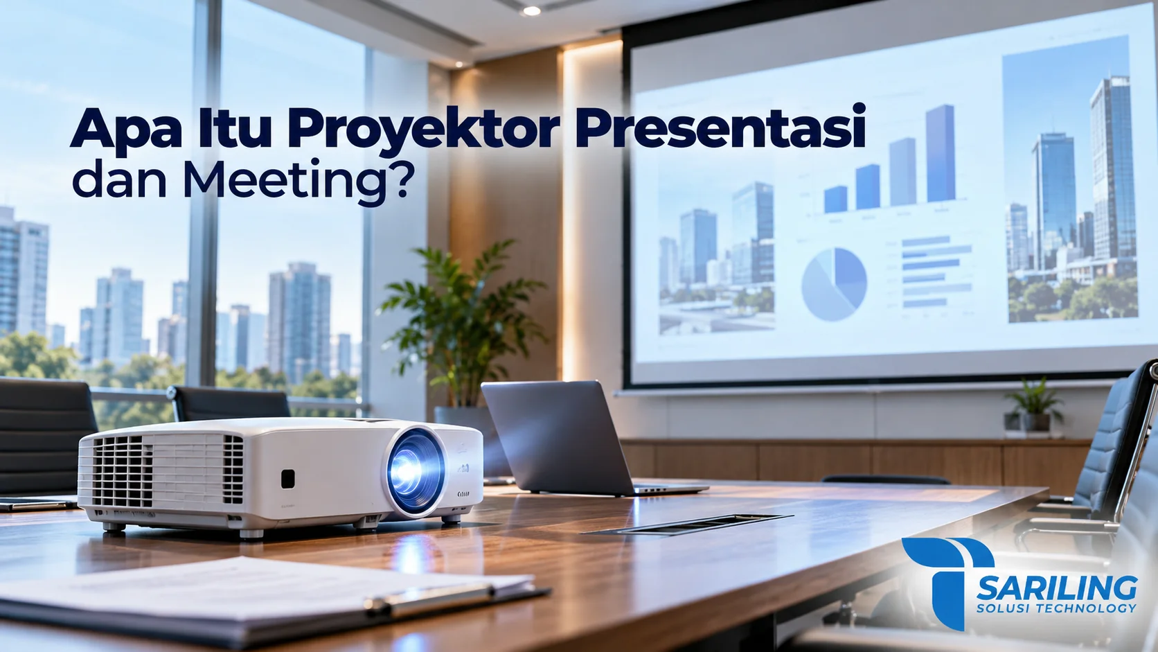 Proyektor presentasi di ruang meeting dengan layar proyeksi grafik dan laptop.