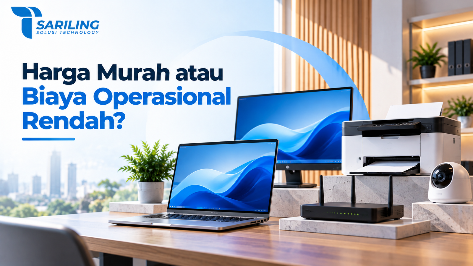 Pilihan Produk E Katalog Bergaransi berupa laptop, monitor, printer, router, dan kamera keamanan untuk mempertimbangkan harga serta biaya operasional.