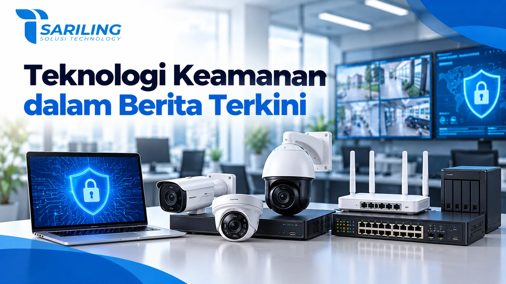 Berita dan Artikel Teknologi Terkini tentang teknologi keamanan informasi, menampilkan laptop dengan ilustrasi perlindungan siber, kamera CCTV, router WiFi, perangkat jaringan, dan sistem pemantauan keamanan dari Sariling Solusi Technology.