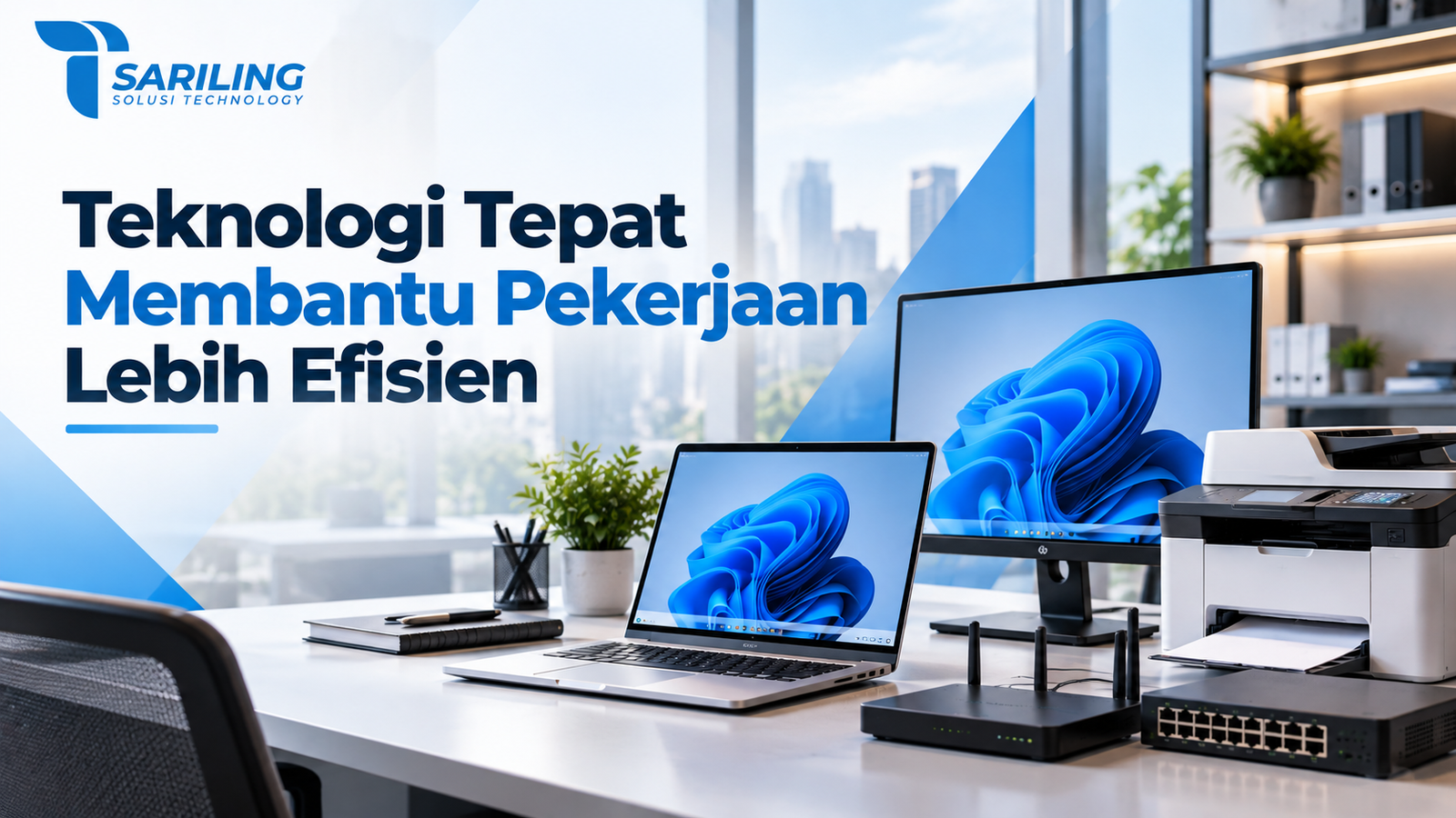 Distributor Teknologi Profil Perusahaan Sariling Solusi Technology dengan perangkat laptop, monitor, printer, dan jaringan komputer untuk membantu pekerjaan lebih efisien.