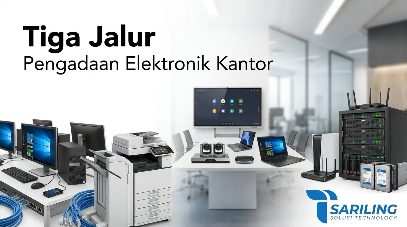 Banner gambar fotorealistik horizontal dengan rasio aspek 16:9 yang menampilkan berbagai peralatan elektronik kantor yang tertata rapi di atas meja di lingkungan kantor modern.
