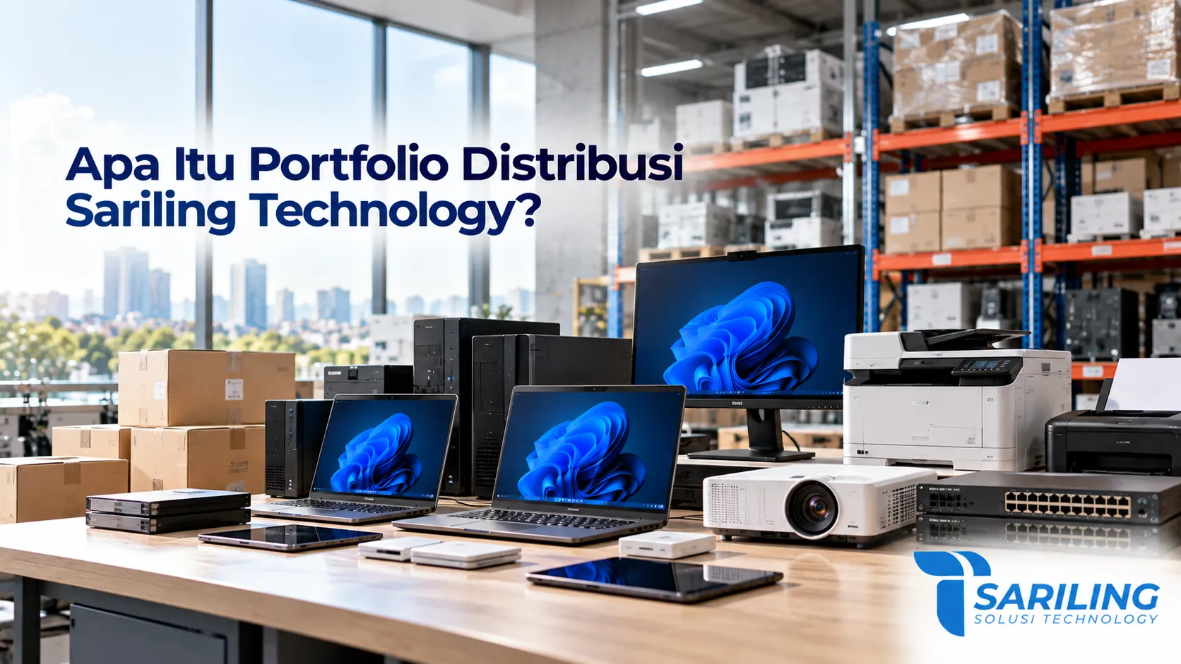 Portfolio distribusi produk teknologi Sariling yang mencakup berbagai perangkat IT untuk memenuhi kebutuhan bisnis dan operasional.